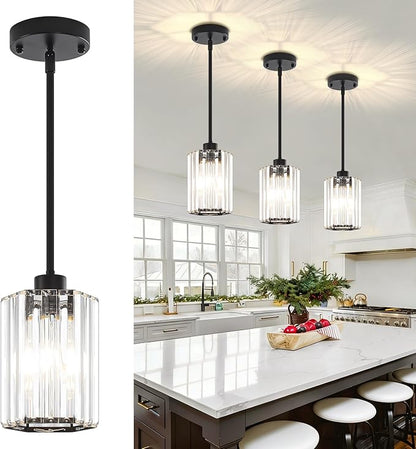 3-Pack Black Pendant Lights Kitchen Island Modern Crystal Hanging Pendant Light Hexagonal Mini Chandelier Adjustable Hanging Kitchen Lights for Dining Room Hallway Bedroom Entryway Light Fixtures