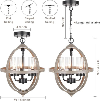 Farmhouse Chandelier, 14" Industrial Rustic Globe Sphere Orb Chandelier Wood Grain, 3-Light for Dining Room Entryway Kitchen Island Foyer