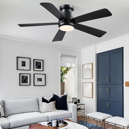 Hounberi 46 Inch Low Profile Ceiling Fan with Light, Modern Flush Mount Ceiling Fans for Low Ceilings, Quiet DC Motor Bedroom Fan, 3CCT Dimmable, Reversible Blades, High Airflow, Energy Saving, Black