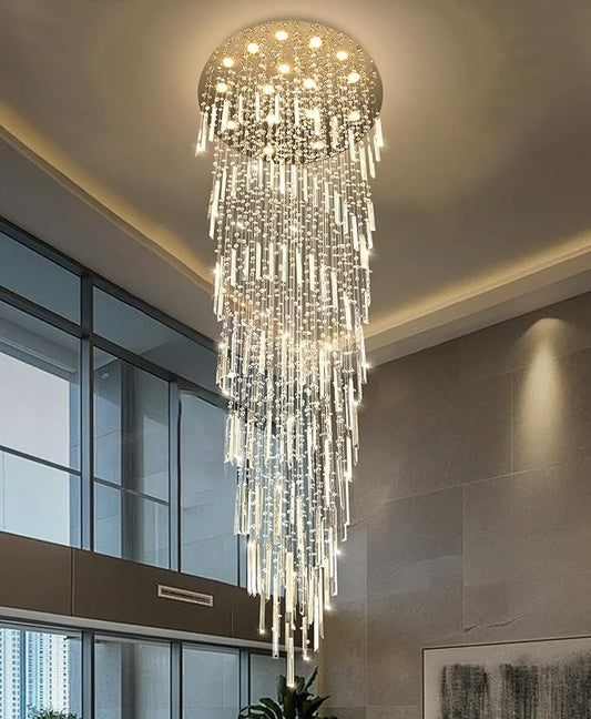 D40'' x H120'' Crystal Chandelier High Ceiling Chandeliers for Entryway Large Raindrop Chandeliers LED Dimmable Flush Mount Light Fixtures for Staircaes Foyer Hallway Living Room Bulbs Included Silver