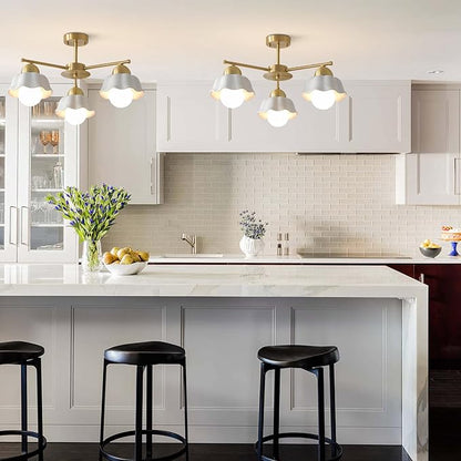 Mid Century Modern Brass Semi Flush Mount Ceiling Light 3 Lights Milk Opal Glass Ceiling Light Fixture Gold Sputnik Chandelier Light Fixture Vintage Hanging Ceiling Lights for Foyer MCL08-3 GD