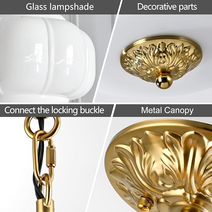 Milk Glass Pendant Light, 15 Inch White Handblown Shade with Antique Brass Hardware, Adjustable Hanging Rod Vintage Chandelier, Dimmable E26 Base Fixture for Kitchen Island, Dining Room, Livingroom