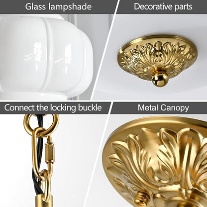 Milk Glass Pendant Light, 15 Inch White Handblown Shade with Antique Brass Hardware, Adjustable Hanging Rod Vintage Chandelier, Dimmable E26 Base Fixture for Kitchen Island, Dining Room, Livingroom