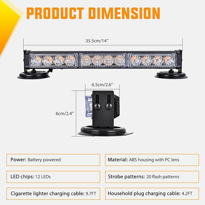 Nilight 12LED Wireless Emergency Strobe Light Amber 14 Inch Magnetic Mount Mini Light Bar 12V Rooftop Powered Hazard Warning Flashing Lights for Car Truck Trailer Snow Plow Construction Vehicles