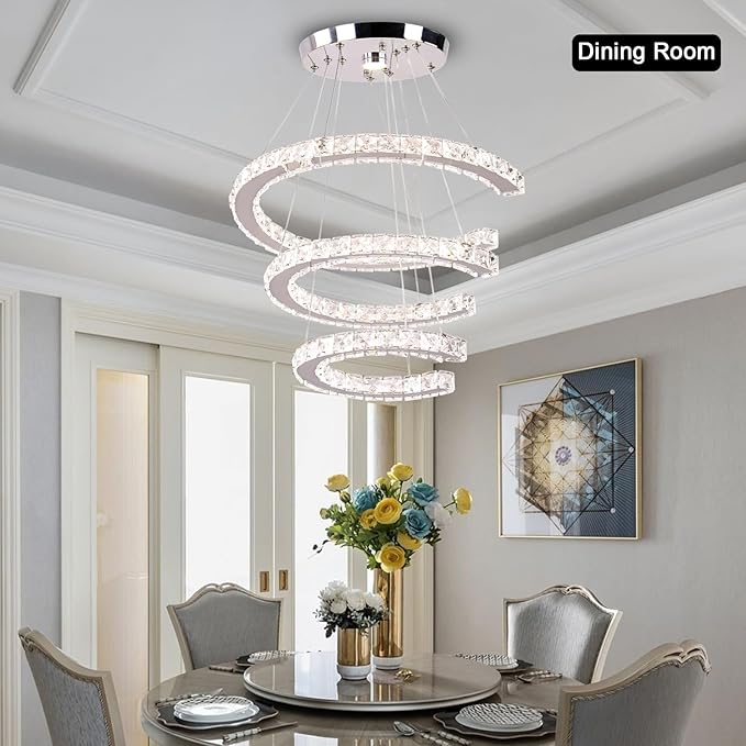Finktonglan Modern Chandeliers Dimmable, 3 Rings Crystal Chandeliers with Remote Control, Shape Adjustable, LED Linear Chandelier Pendant Island Light for Kitchen Dining Room Living Room, H47.2''