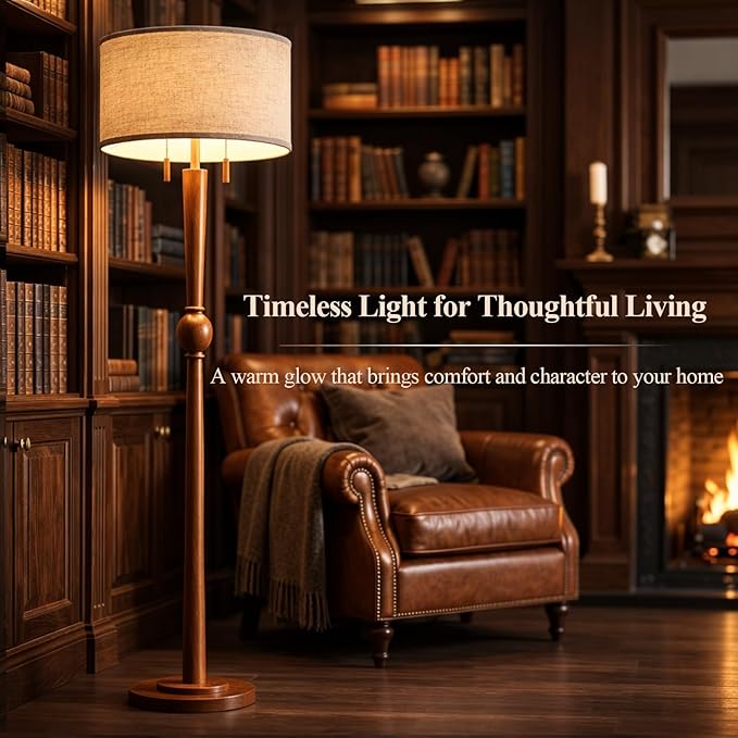MOFFE 62.8" Solid Wood Floor Lamp,Tall Standing Floor Lamp with 2-Light Pull Chain, 17" Linen Drum Shade, Sculptural Wood Base & Stem,Transitional Floor Lamp for Living Room Bedroom, Includes 2 Bulbs