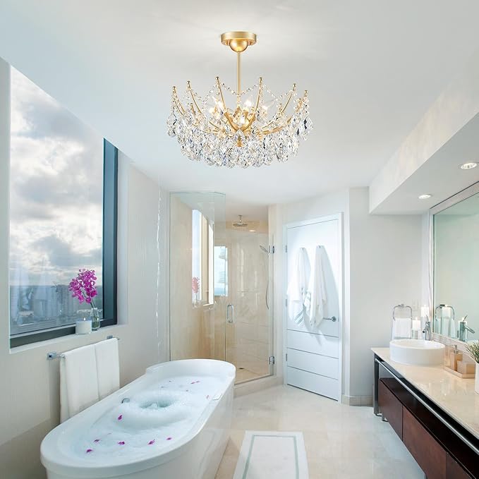 ANJIADENGSHI Crystal Chandelier Ceiling Light, Modern Semi Flush Mount Ceiling Light Fixture, Gold Hallway Lighting Fixtures Chandelier for Bedroom Bathroom Entryway Kitchen