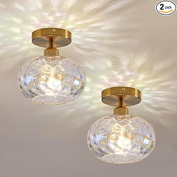 Luafac Vintage Glass Flush Mount Ceiling Light - 2 Pack，7.9 Inch Rainbow Hammered Glass Hallway Light fixtures Ceiling, Gold Semi Flush Mount Ceiling Light for entryway Foyer Laundry Room Kitchen
