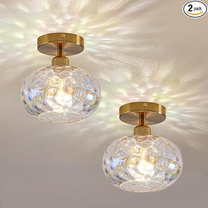 Luafac Vintage Glass Flush Mount Ceiling Light - 2 Pack，7.9 Inch Rainbow Hammered Glass Hallway Light fixtures Ceiling, Gold Semi Flush Mount Ceiling Light for entryway Foyer Laundry Room Kitchen