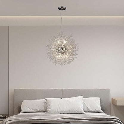Modern Farmhouse Chandelier, Sputnik 12-Light Crystal Hanging Light, Round Firework Dandelion Pendant Lights for Living Room Bedroom Dining Room Kitchen Island Entryway (Chrome, D21.6inch)
