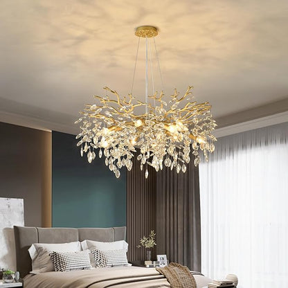EGM Gold Tree Branch Crystal Chandelier, 32 Inch Modern Raindrop Crystal Ceiling Light Fixtures 10-Light(E12), Hanging Round Chandeliers for Dining Room Living Room Bedroom Foyer