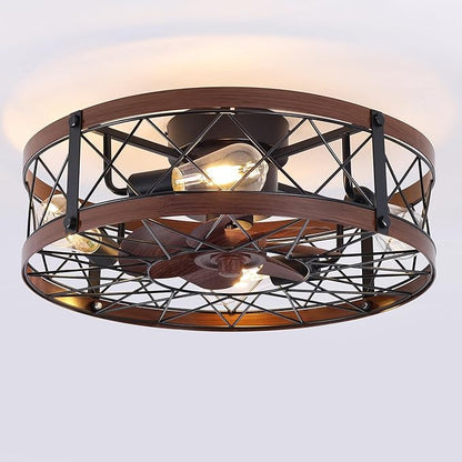 REDSTAR Flush Mount Caged Ceiling Fan with Lights, 20" Small Bladeless Ceiling Fans with Remote, Rustic Low Profile Ceiling Fans Quiet Reversible Enclosed Ceiling Fan for Bedroom Kitchen Farmhouse