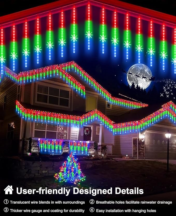 EAGWELL Meteor Shower Lights UL Certified 1080 LEDs 20 Tubes Falling Rain Drop Ramadan Lights Cascading Lights for Xmas Tree Halloween Decorations Wedding Party Holiday Garden Decor, Multicolor