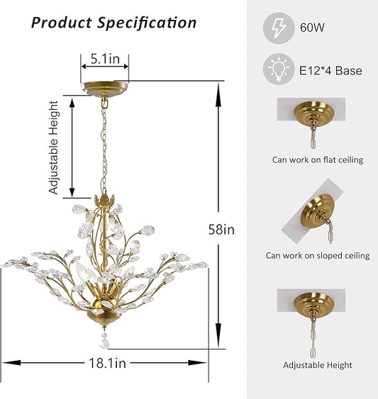 Maxax Gold Crystal Chandelier, 4-Light K9 Crystal Pendant Light, Adjustable Electroplated Ceiling Fixture for Dining Room, Living Room, Bedroom, and Foyer, 18.1" D x 58" H