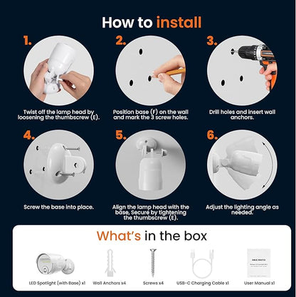Battery Operated Motion Sensor Light Outdoor, 4000mAh Rechargeable 600 Lumen Battery Powered Spotlight Outdoor Waterproof for Porch, Garage, House (White)