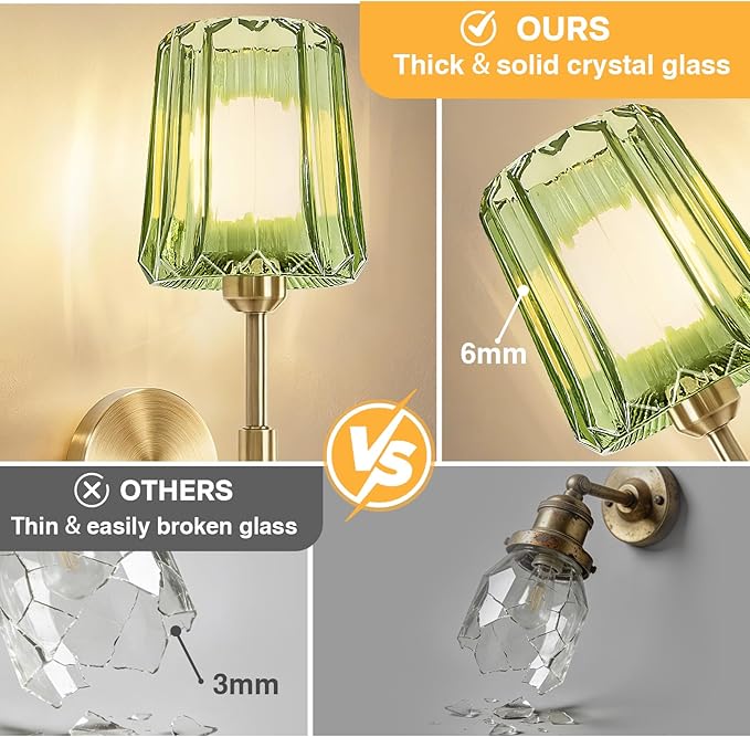 Crystal Battery Operated Wall Sconces Set of 2, Green Rechargeable Wireless Wall Sconce Lights with Crystal Lampshade, 12 RGB and 3CCT Dimmable Wall Lamps for Bedroom Living Room Hallway Decor, 2 Pack