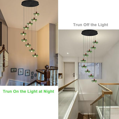 9-Light Green Glass Chandelier for High Ceilings, Vintage Black Hanging Pendant Light Over Kitchen Island, Dining Table, Villa Foyer, Long Ceiling Lighting Fixture