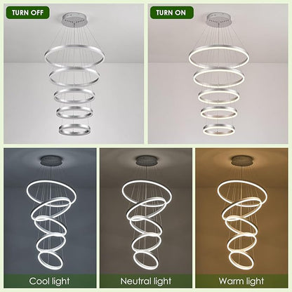 Benkut 5-Rings Modern LED Chandelier Silver High Ceiling Chandelier with Remote Control Dimmable Pendant Lighting for Dining Room Foyer Living Room Entryway Staircase(3000K-6500K, D23.6in)