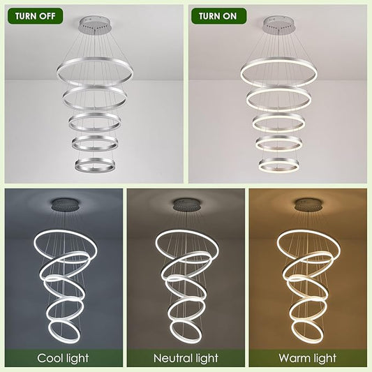 Benkut 5-Rings Modern LED Chandelier Silver High Ceiling Chandelier with Remote Control Dimmable Pendant Lighting for Dining Room Foyer Living Room Entryway Staircase(3000K-6500K, D23.6in)