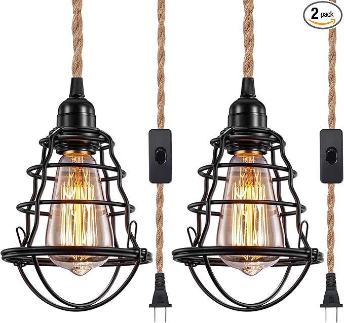 Asnxcju Industrial Plug in Pendant Light, Vintage Hanging Lights with Plug in Cord, Metal Cage Hanging Lamp with 13ft Hemp Rope Plug in Pendant Lighting Fixture On/Off Switch 2 Pack