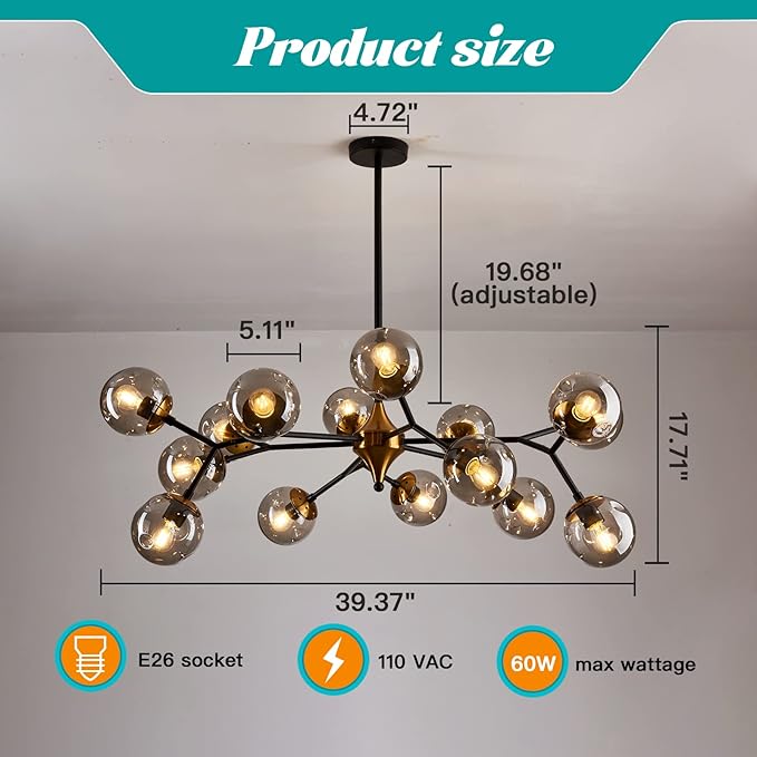 hesoge 15 Light Sputnik Modern Large Chandelier, Mid Century Black and Gold Metal Ceiling Light Fixture with Glass Globe,Pendant Light Hanging for Dining Room Kitchen Living Room Bedroom Foyer.