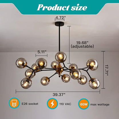 hesoge 15 Light Sputnik Modern Large Chandelier, Mid Century Black and Gold Metal Ceiling Light Fixture with Glass Globe,Pendant Light Hanging for Dining Room Kitchen Living Room Bedroom Foyer.