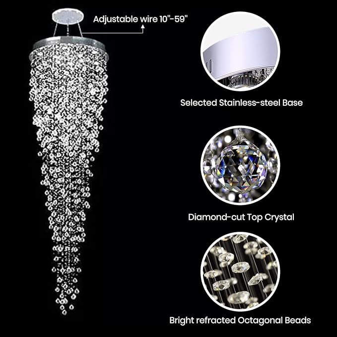 Modern Large Crystal Chandelier for High Ceilings, Raindrop Round Large Foyer Chandelier, Luxury Flush Mount Ceiling Light Fixture for Stairse Entryway Living Room Dia 32" x H 96"-12 Lights
