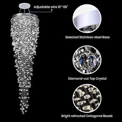 Modern Large Crystal Chandelier for High Ceilings, Raindrop Round Large Foyer Chandelier, Luxury Flush Mount Ceiling Light Fixture for Stairse Entryway Living Room Dia 32" x H 96"-12 Lights