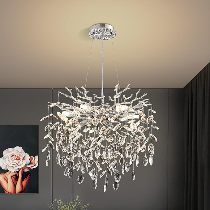 Modern Tree Branch Crystal Chandelier 18" Sliver Luxury Large Pendant Lighting 6-Light Contemporary K9 Crystal Chandeliers for Dining Room Kitchen Living Room Foyer Entryway (Sliver, D18"-Round)