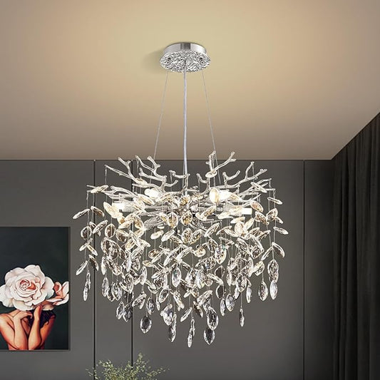 Modern Tree Branch Crystal Chandelier 18" Sliver Luxury Large Pendant Lighting 6-Light Contemporary K9 Crystal Chandeliers for Dining Room Kitchen Living Room Foyer Entryway (Sliver, D18"-Round)