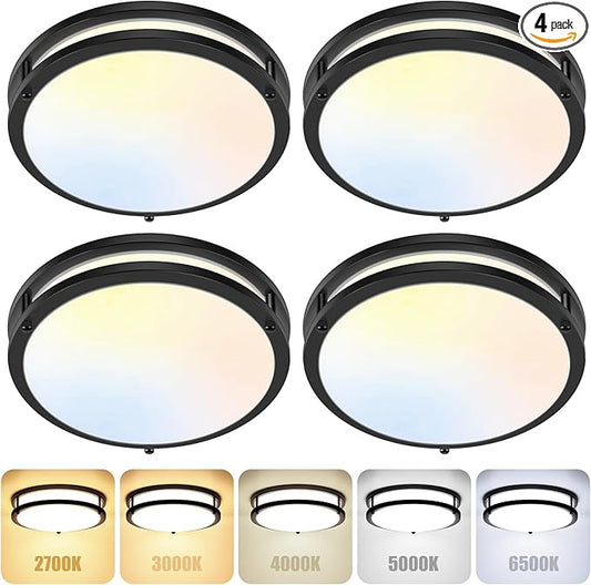 GoBright 4-Pack 36W LED Flush Mount Lights, 3200LM Black Ceiling Fixtures, 5 Color in One (2700K/3000K/4000K/5000K/6500K), 12'' Modern Round Ceiling Lamp for Kitchen, Hallway, Stairwell, Offices