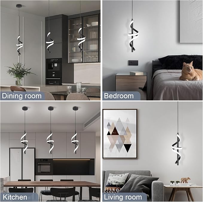 Spiral Led Pendant Light Fixtures, 5500K Cold White Modern Led Pendant Light Kitchen Island, Adjustable Height Kitchen Island Lights Fixtures for Dining Room Kitchen Bedroom Sink