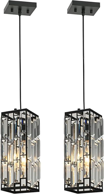 Crystal Pendant Lights for Kitchen Island, Pendant Lighting Modern Pendant Light, Adjustable Pendant Light Fixture for Kitchen (Black, Square-2pcs)