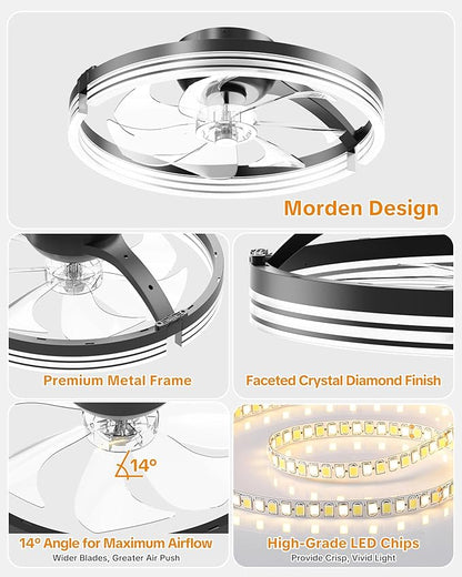 Ceiling Fans with Lights and Remote Low Profile Flush Mount LED Ceiling Fan with Lights 3000K-6500K Dimmable Foldable Fandelier Light 6 Wind Speeds Night Light for Bedroom Living Room Black Striped