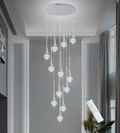 Modern Chrome Crystal Chandelier for High Ceiling 12-Lights, 120 Inches Luxury Spiral Dimmable LED Bubble Raindrop Pendant Lighting Fixture for Staircase Foyer Entryway Living Room