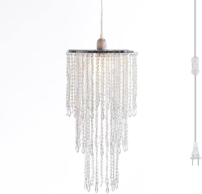 Plug in Classic Acrylic Chandelier(W10.25 x H20),Ceiling Light Beaded Pendant with Crystal Beads with ON/Off Switch and 16.4ft Clear Hanging Cord (H20 with PlugIn)