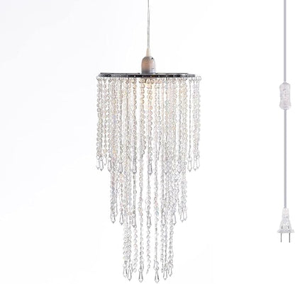 Plug in Classic Acrylic Chandelier(W10.25 x H20),Ceiling Light Beaded Pendant with Crystal Beads with ON/Off Switch and 16.4ft Clear Hanging Cord (H20 with PlugIn)
