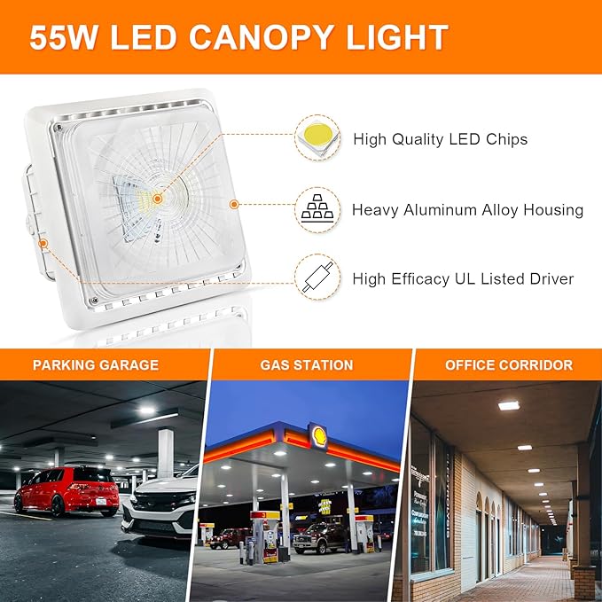 55W LED Garage Canopy Light, 7425LM 5000K LED Gas Station Canopy Ceiling Light(250W HPS/MH Equiv),for Commercial Residential Lighting 100-277V AC, 5 Year Warranty, IP65 UL Listed
