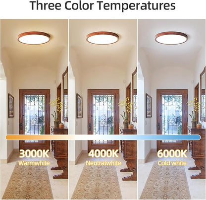 HEYAN Walnut Wood Flush Mount Ceiling Light Fixture,16 Inch Dimmable LED Ceiling Light with 3000K-4000K-6000K Selectable Flat Low Profile Round Ceiling Lights for Bedroom Hallway Laundry (2 Pack)