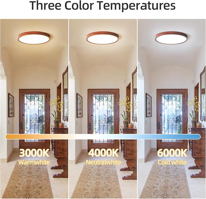 HEYAN Walnut Wood Flush Mount Ceiling Light Fixture,12 Inch Dimmable LED Ceiling Light with 3000K-4000K-6000K Selectable Flat Low Profile Round Ceiling Lights for Bedroom Hallway Laundry (1 Pack)