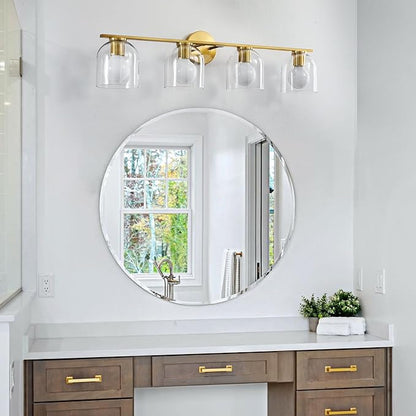 WOSHITU Bathroom Vanity Light Fixtures: 32.3 Inch Modern Brushed Gold Bathroom Light Fixtures Over Mirror with Clear Glass Shade, 4-Light Bathroom Lights Above Mirror