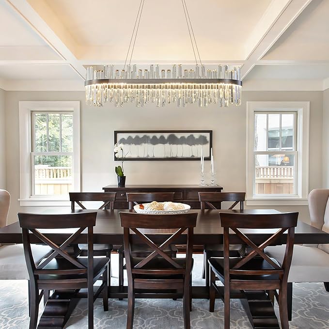 Nickel Led Modern Crystal Chandelier: 39.3" Rectangle Linear 3 Color Dimmable Chandeliers for Dining Room Over Table - Luxury Rectangular Contemporary Oval Light Fixture for Living Room Bedroom Foyer