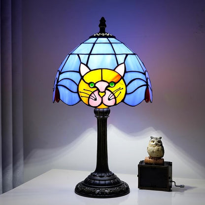 Stained Glass Table Lamp 8 Inch Orange Warm Ambient Lighting Bedroom Small Nightstand Dorm Cafe Office Corner Vintage Home Decoration Table Lamp Blue Cute Cat Lamp