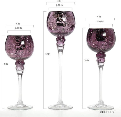 Hosley Set of 3 Crackle Purple Glass Tealight Holders 12 Inch, 10 Inch, 9 Inch Heights for Captivating Candlelight Ambiance Radiant Elegance