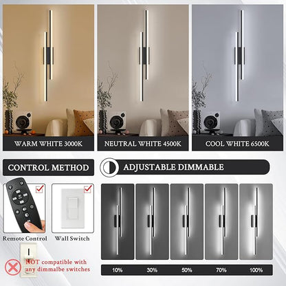 LED Wall Sconce Black Modern Remote Wall Light Fixtures for Living Room, Dimmable LED Vanity Light Indoor Remote Wall Sconce for Bedside Bedroom Bathroom Dining Room, 39.4inch 1 Pack