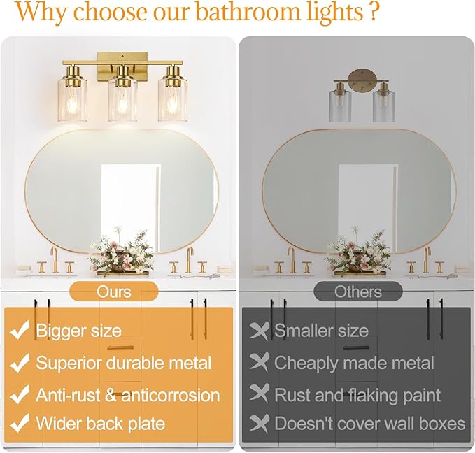 Indoi 3-Light Vanity Lights with Clear Glass Shades, Brushed Gold Bathroom Light Fixtures Over Mirror, Modern Bathroom Wall Lamp for Mirror Living Room Cabinet Bedroom Porch