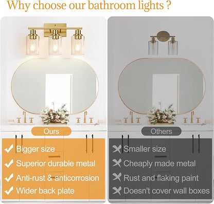 Indoi 3-Light Vanity Lights with Clear Glass Shades, Brushed Gold Bathroom Light Fixtures Over Mirror, Modern Bathroom Wall Lamp for Mirror Living Room Cabinet Bedroom Porch