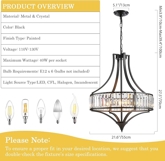 Black Crystal Dining Room Light Fixtures Over Table, Modern Farmhouse Chandelier Light Fixture, Round Large Hanging Light for Living Room Kitchen Hallway Bedroom Foyer, 21.6 Inch, 6-Light
