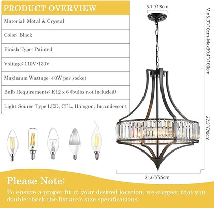 Black Crystal Dining Room Light Fixtures Over Table, Modern Farmhouse Chandelier Light Fixture, Round Large Hanging Light for Living Room Kitchen Hallway Bedroom Foyer, 21.6 Inch, 6-Light