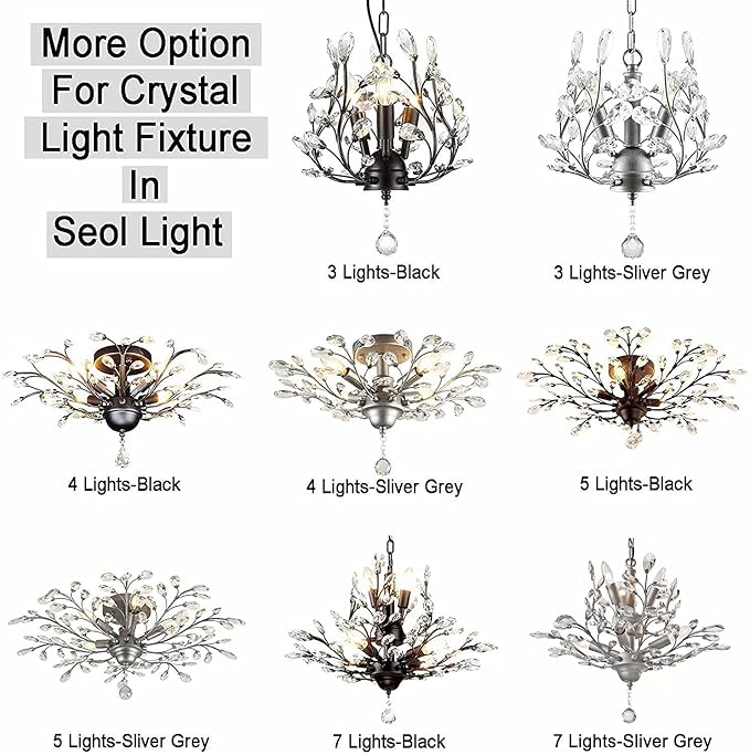 SEOL-Light Vintage Large Crystal Branches Chandeliers Black Close to Ceiling Light Flush Mount Fixture with 5 Light 200W 31.5" Dia;
